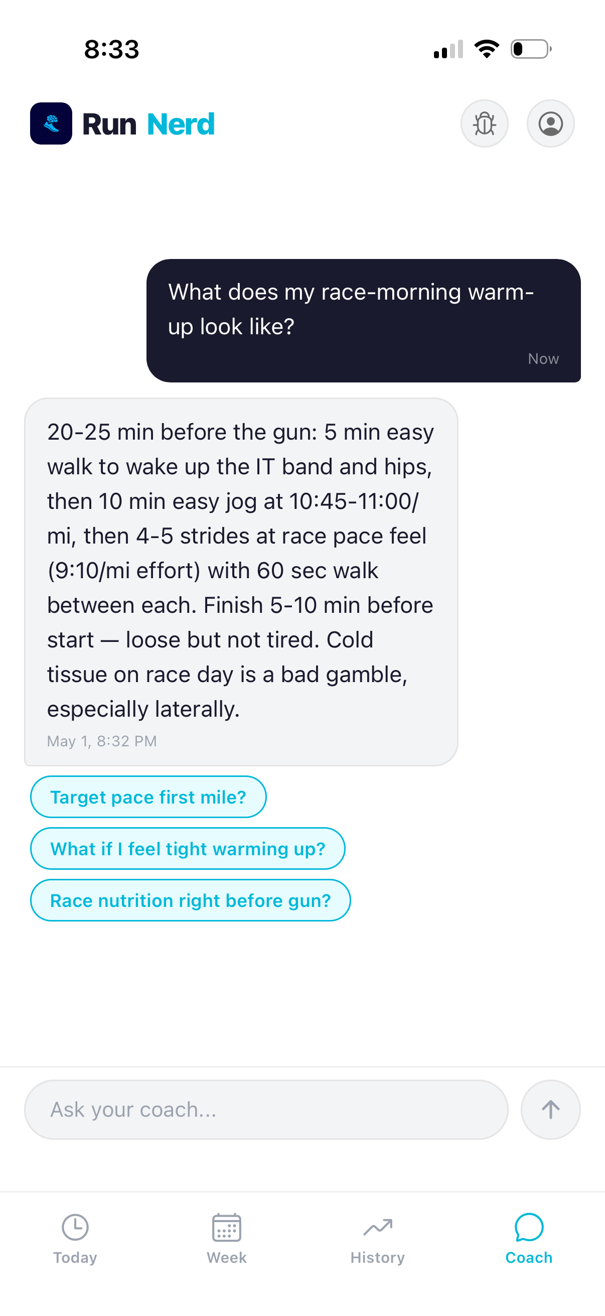 RunNerd Coach Chat showing a context-aware response grounded in real training data