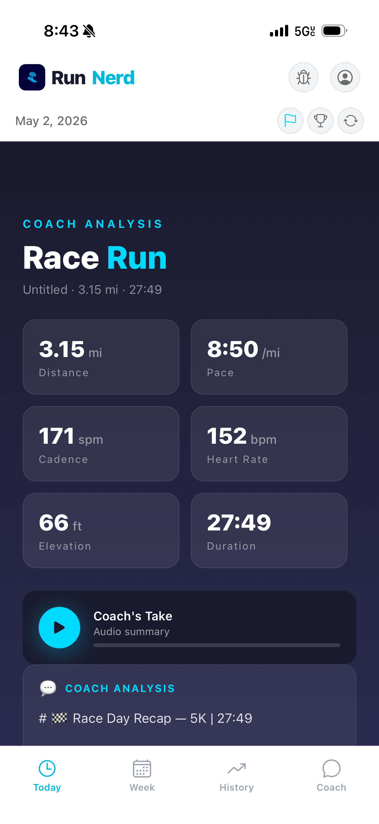 Run Done card with pace, zones, cadence, and split breakdown