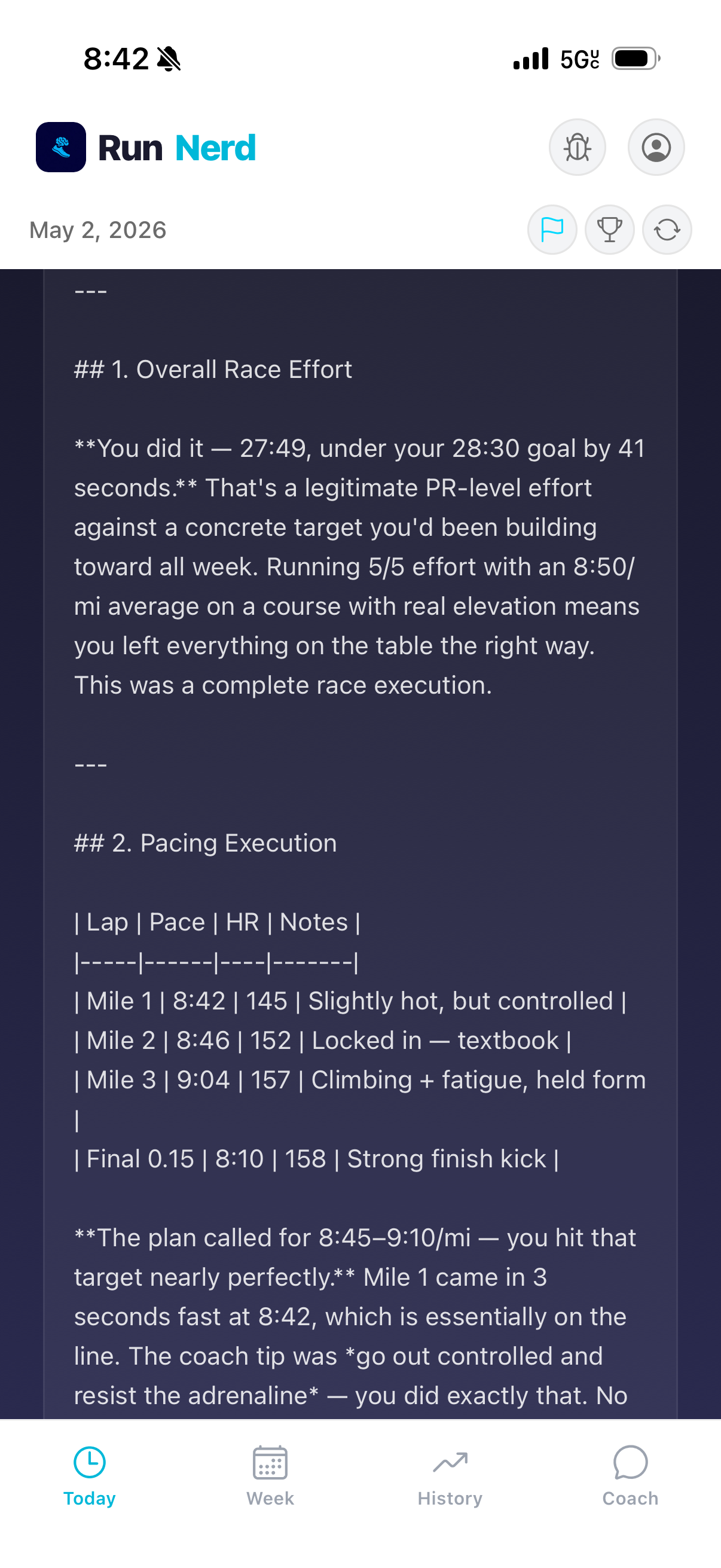 Run Done card middle — zone breakdown and splits
