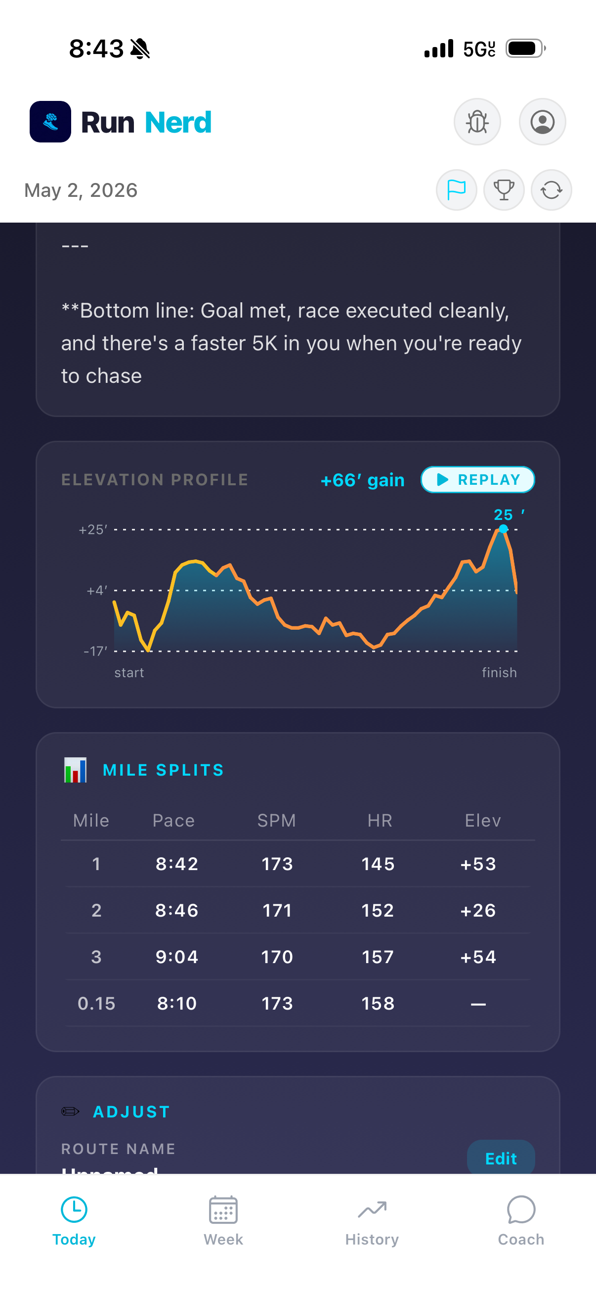 Run Done card bottom — coach summary