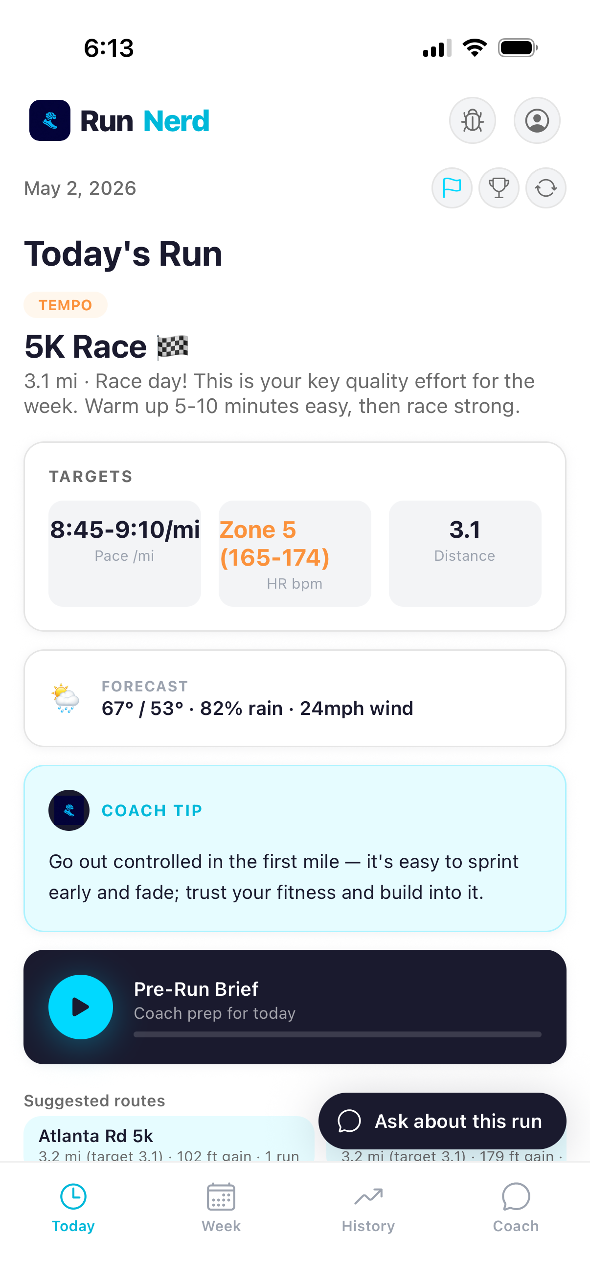 Today tab in RunNerd