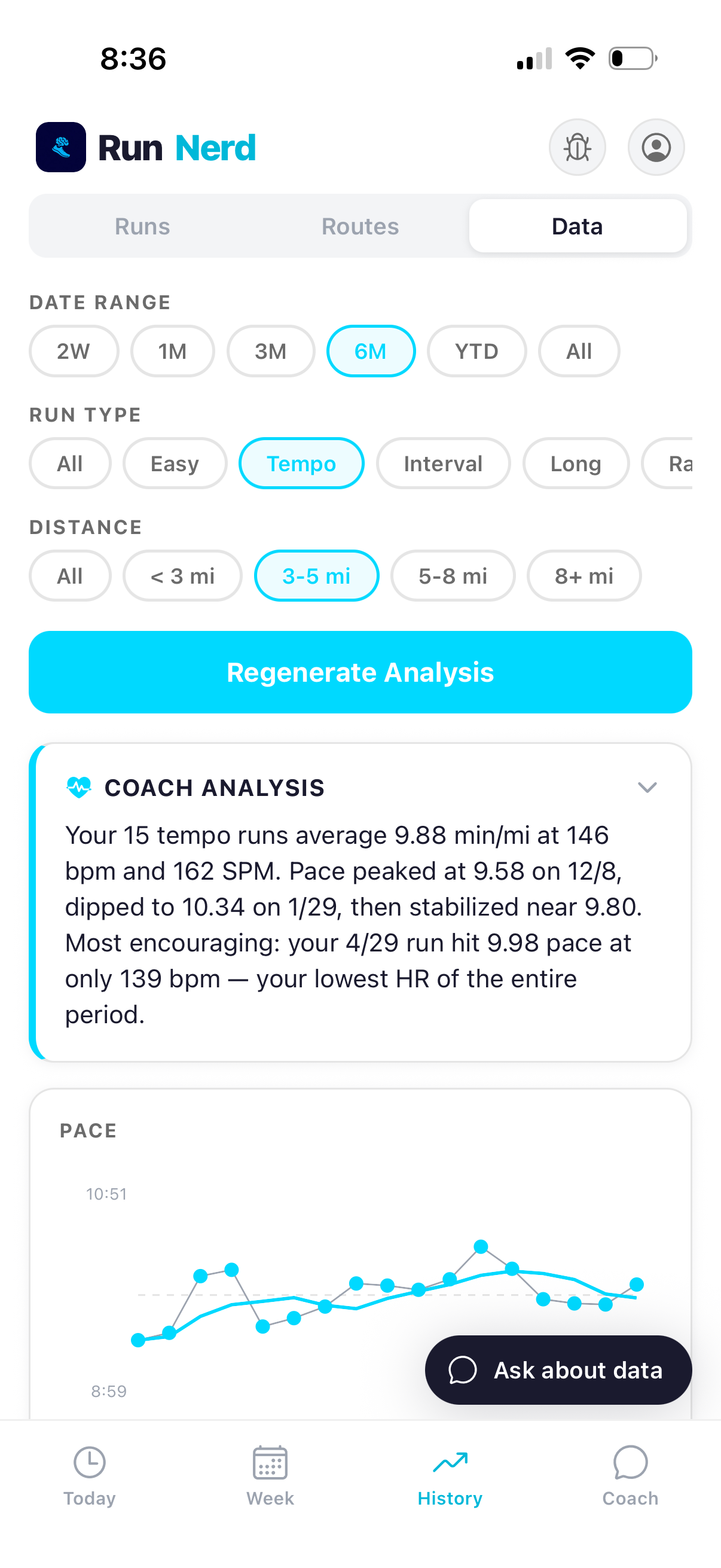 History tab and Data tab showing run classification and zone trends