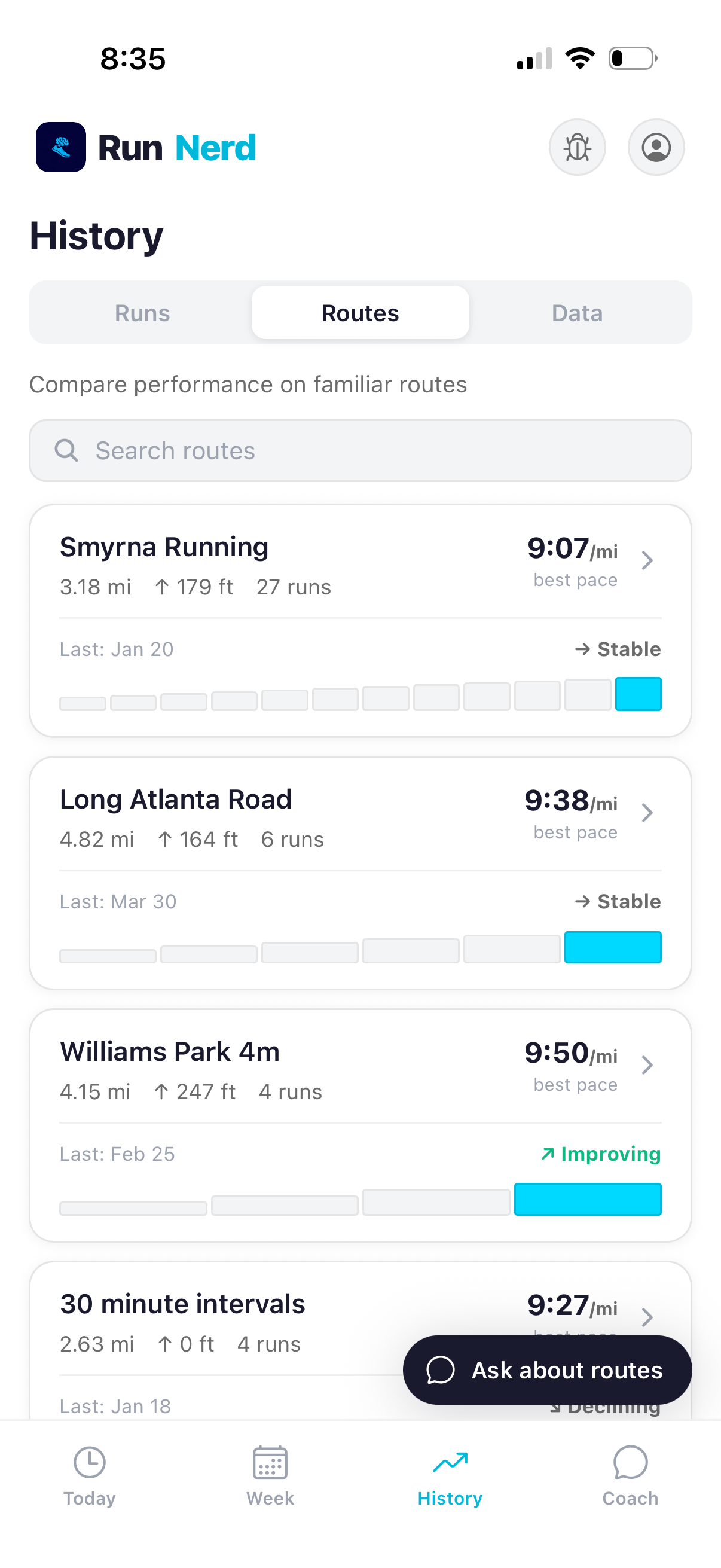 Route ranking with named routes by frequency, distance, and pace