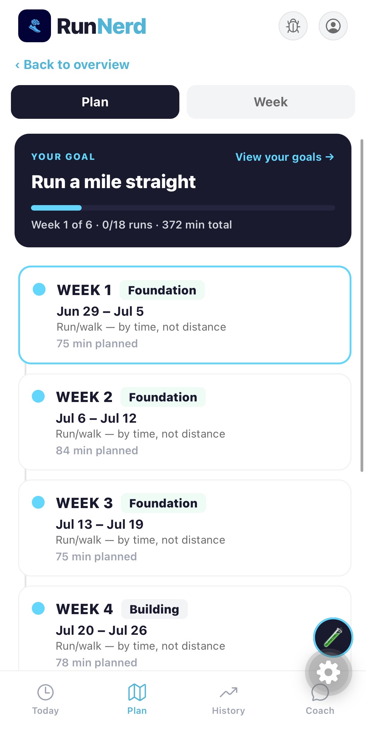 A six-week Beginner Mile plan in RunNerd, structured as run/walk by time