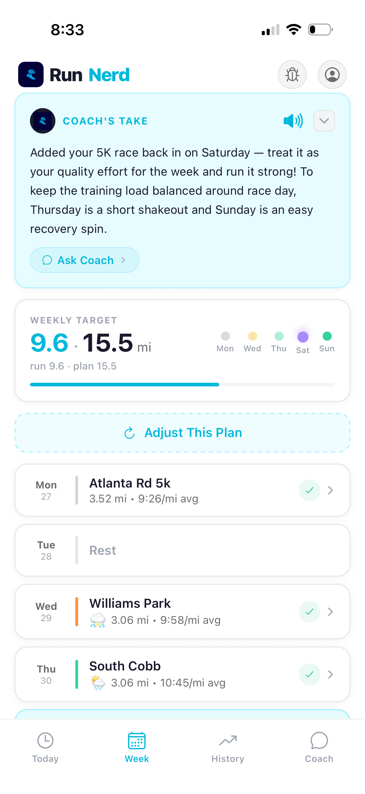 RunNerd Week tab showing an adaptive weekly plan