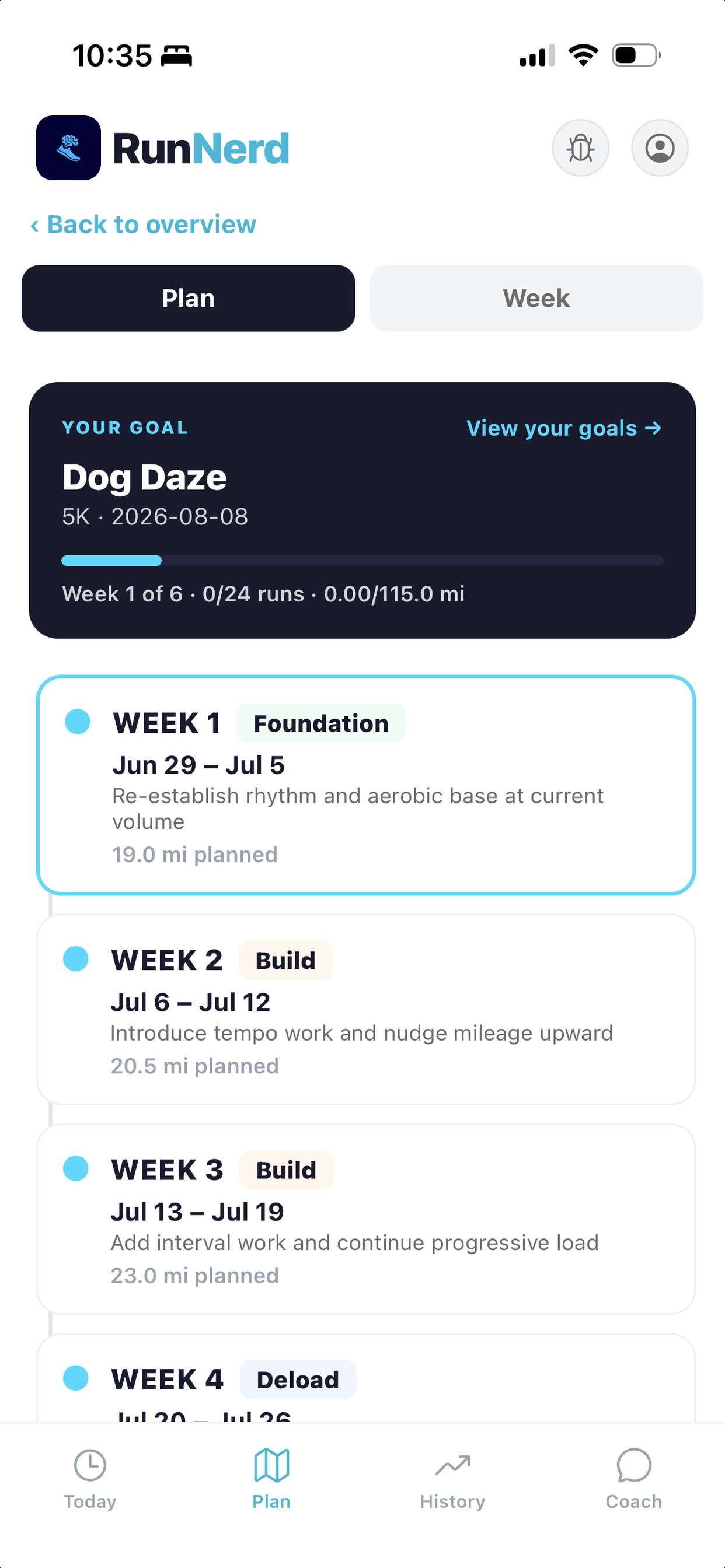 RunNerd multi-week plan overview showing weekly tiles themed Foundation, Build, and Deload toward a 5K race date