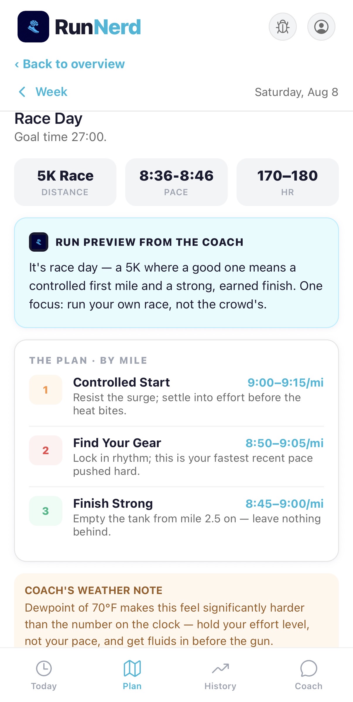 Race-day view in RunNerd with a per-mile pace plan, a coach preview, and a weather note