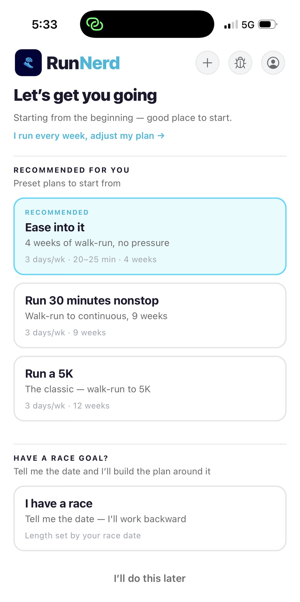 RunNerd plan setup for a new runner — walk-run starting plans and a race-goal option