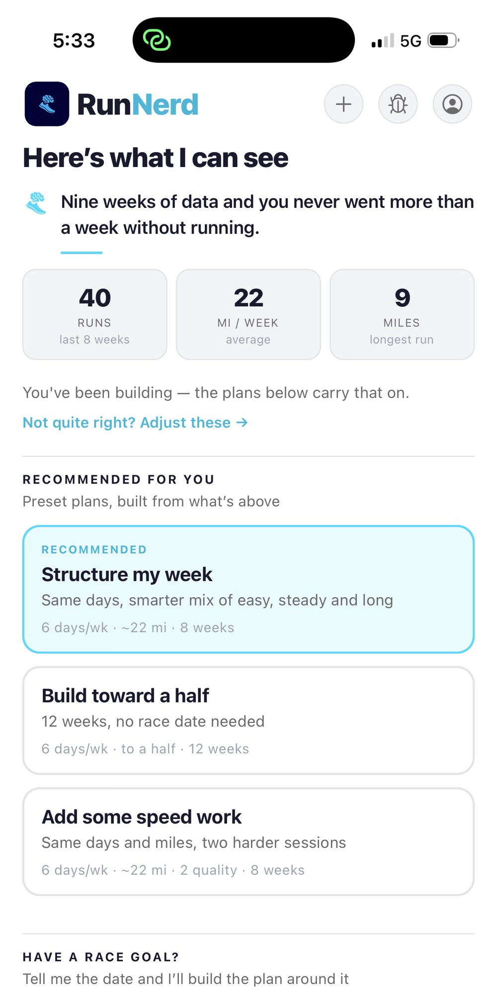 RunNerd plan setup for a runner with synced history — 40 runs, 22 miles a week, with recommended plans built from that data