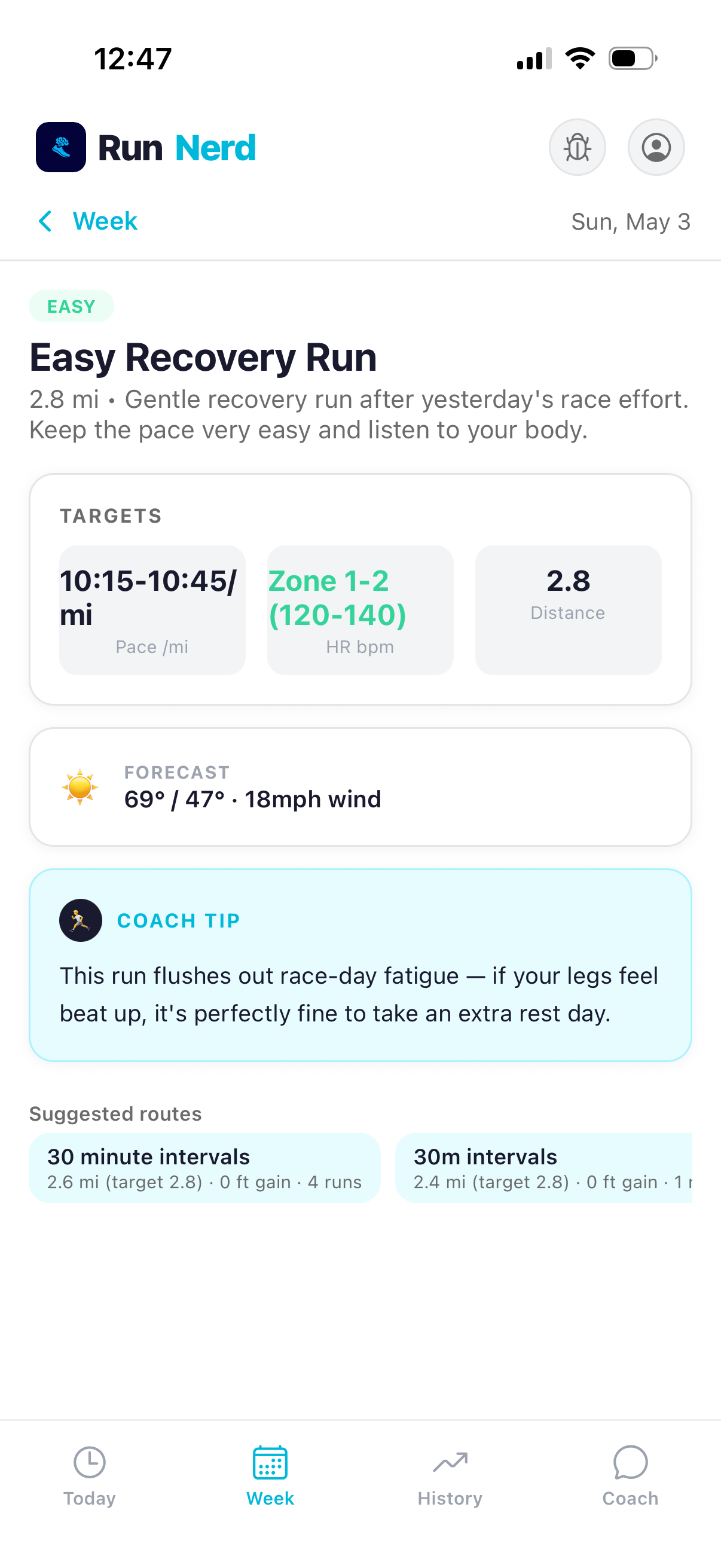 Tapped-open planned workout showing target zones and coach context