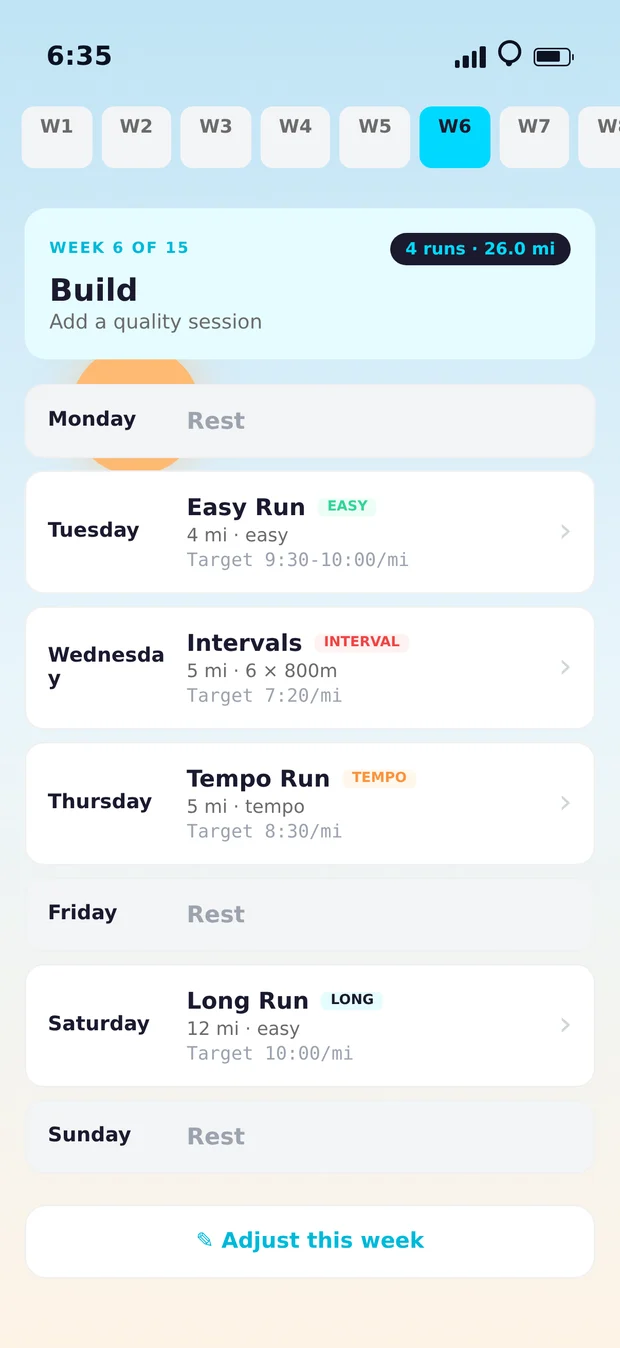 Plan week view — Week 6, Build phase