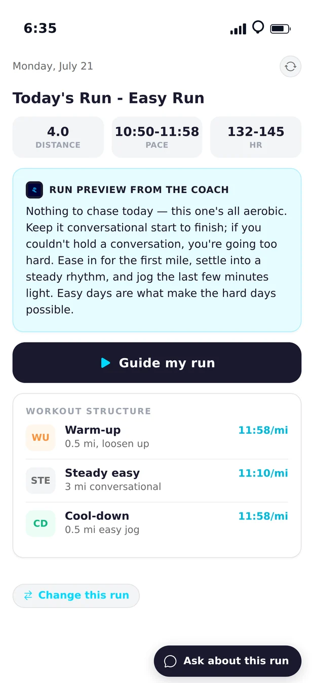 Easy run detail with Guide my run